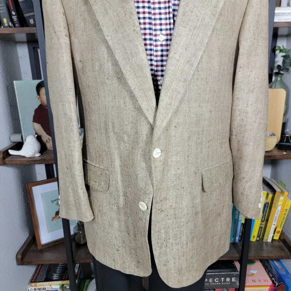 VTG Town Craft Men's Sport Coat Blazer Two Button Dark‎ Beige Silk Size 44L